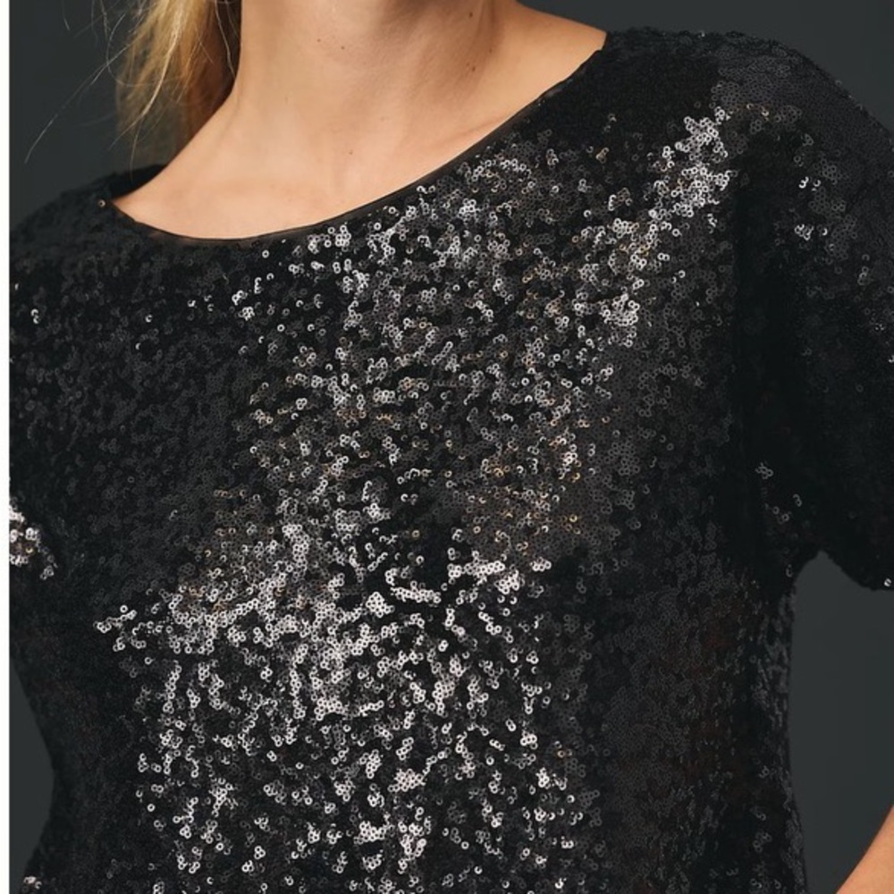by Anthropologie Black Sequin Cropped Short-Sleeve Top Relaxed Boxy Fit EUC Sz S - Picture 6 of 16